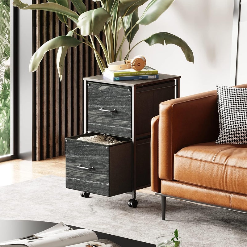 DEVAISE 2 Drawer Mobile File Cabinet, Rolling Printer Stand, Fabric Vertical Filing Cabinet fits A4 or Letter Size for Home Office, Charcoal Black Wood Grain Print - Image 2